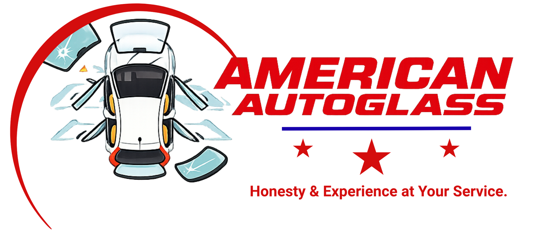 American Autoglass logo with a car and broken windshield, red and black text, slogan “Honesty & Experience at Your Service.”