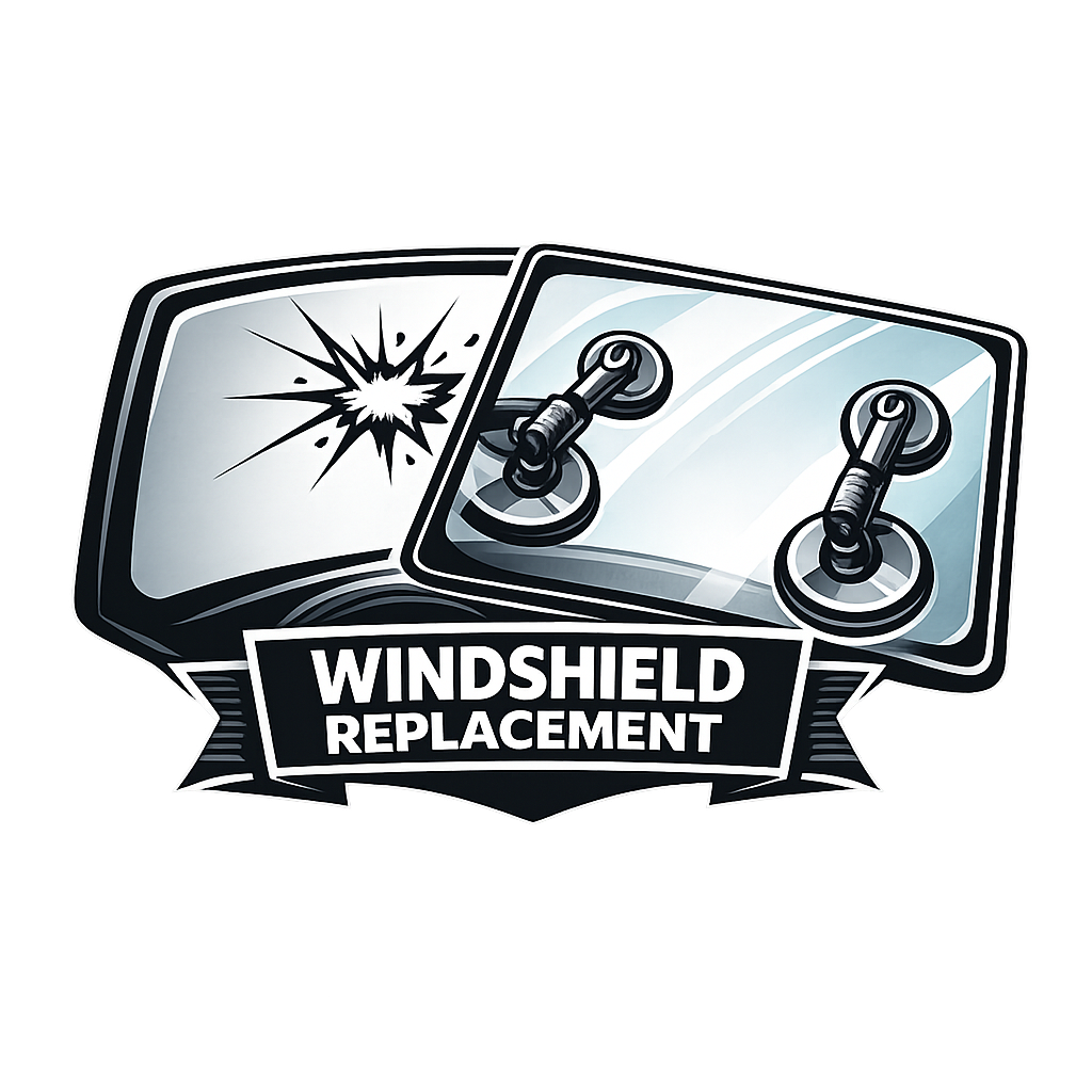 Windshield replacement logo with cracked glass and two suction cups on a black banner