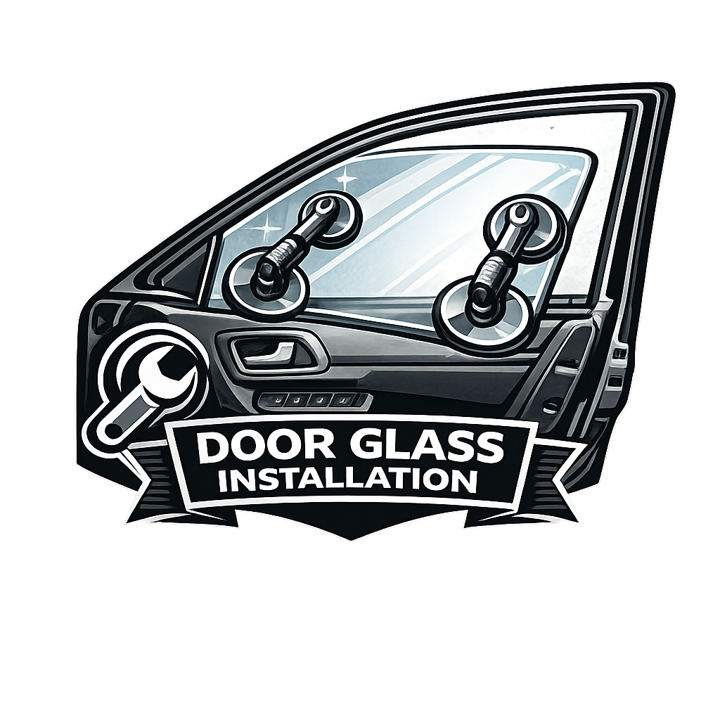 Door glass installation logo with a car window, suction cups, and a wrench icon